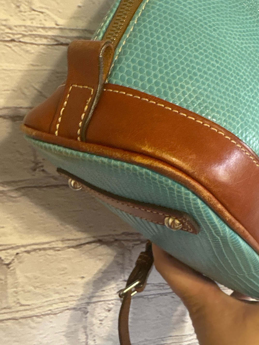 Dooney & Bourke Teal Pebble Grain “Zip Zip” Satchel with Brown Trim - Picture 4 of 16
